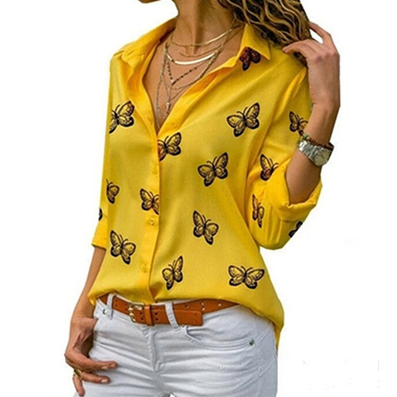 

Fashion Butterfly Print Women Blouse Shirt Long Sleeve Turn-down Collar Blouse Casual Buttons Tops Elegant Ladies Office Shirts