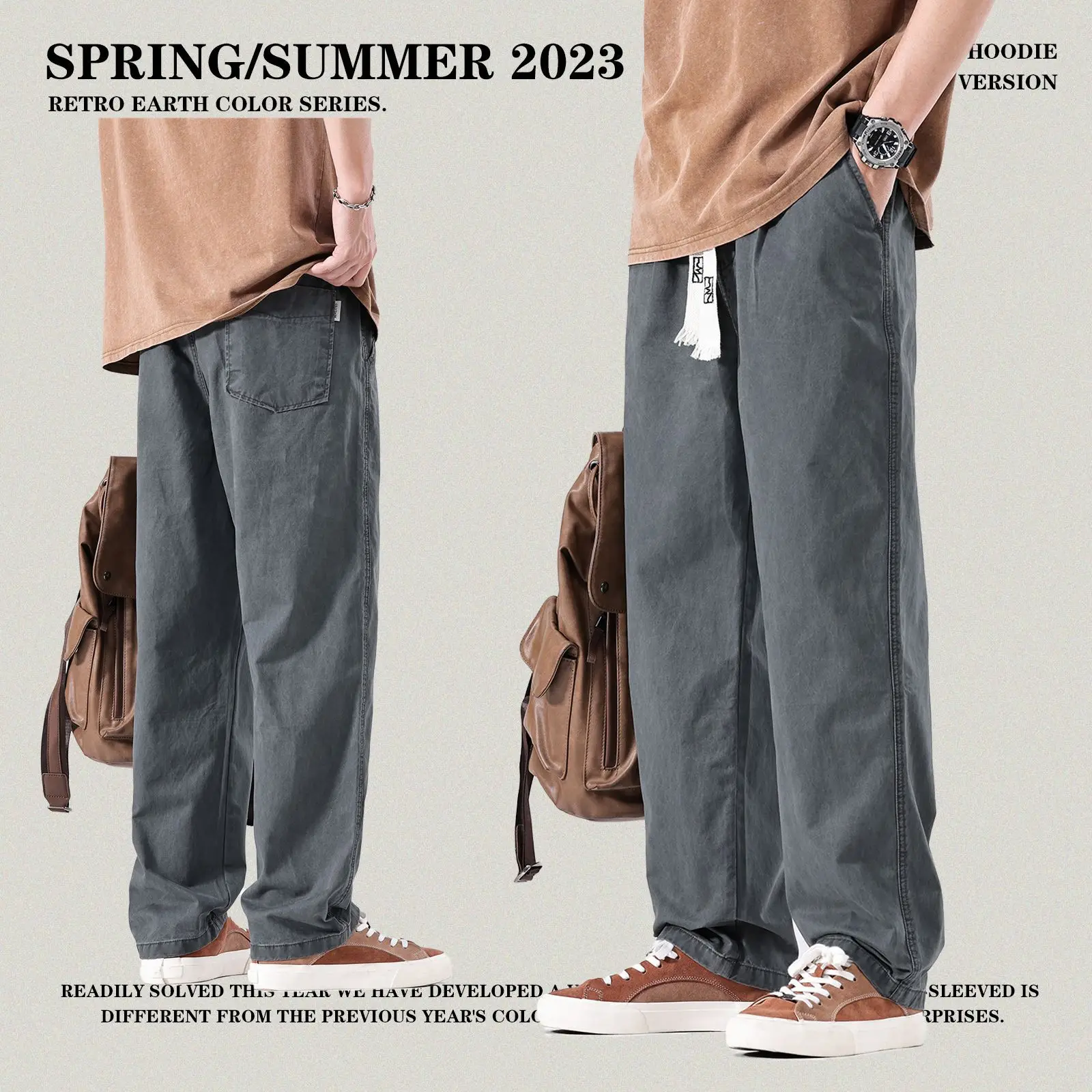

2023 new summer trend loose comfortable waist pocket solid color men's American sports casual straight leg pants wide leg pants