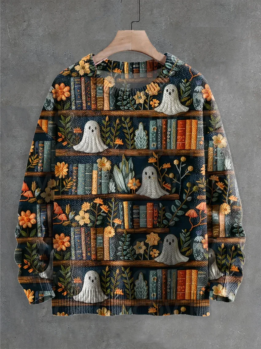 Pull en tricot imprimé Halloween pour hommes et femmes, bibliothèque, étagère, fantôme, pull classique