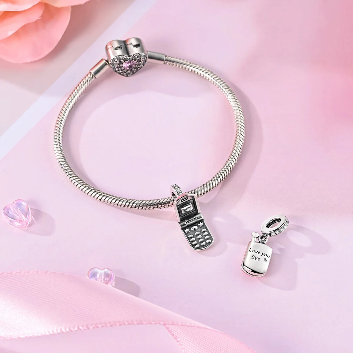 Sterling Silver Pink Glitter Heart Dangle Charm with Enamel and CZ