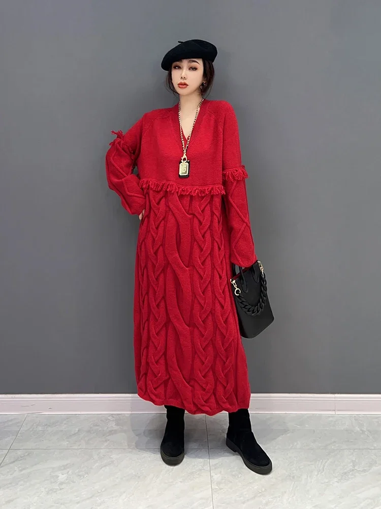 

XITAO Knitting Sweater Dresses Solid Color V-neck Pullover Tassel Full Sleeve Fashion Loose Show Thinness All-match FBB1347
