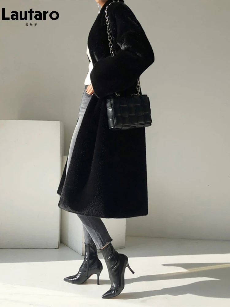 Lautaro Winter Long Black Luxury Elegant Stylish Thick Warm Fluffy Hairy Soft Faux Mink Fur Coat Women Stand Collar Sashes 2023 3