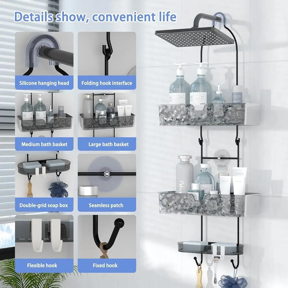 Hanging Shower Caddy No Drilling Over Head Organizer Quick Drainage Waterproof Rust-proof Shower Storage with Hooks and Baskets 4