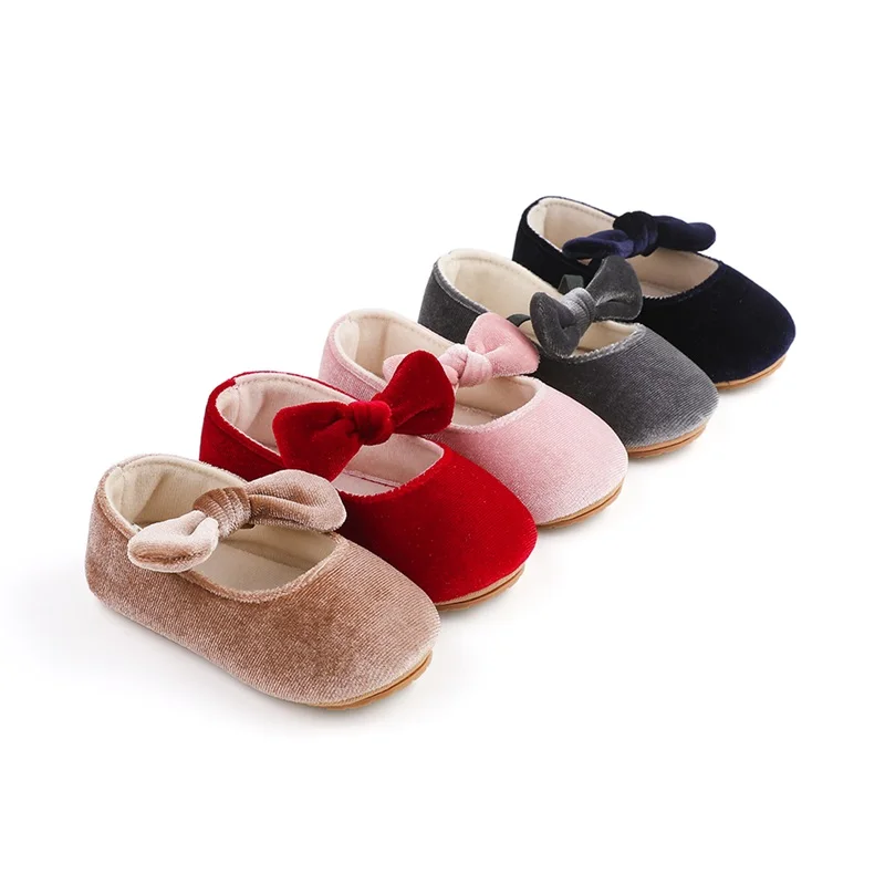 

0-18M Newborn Infant Baby Girls Mary Jane Flats Bowknot Princess Dress Shoes Non-Slip Velvet Crib Shoes First Walking Shoes