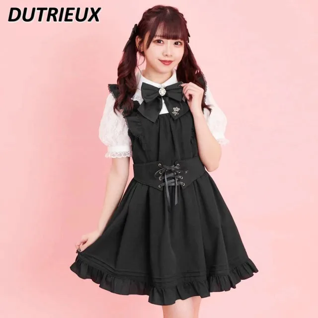 

Japanese Lolita Short Sleeve Dress Female 2024 Spring Summer New Mine Series Mass-Produced Slimming High Waist Plaid Lace Dress