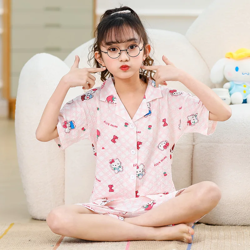 

Summer Girls Short Sleeved Shorts Pajama Set Kids Sanrio Hello Kitty Kuromi Cartoon Bubble Crepe Fabric Sleepwear Clothes Outfit