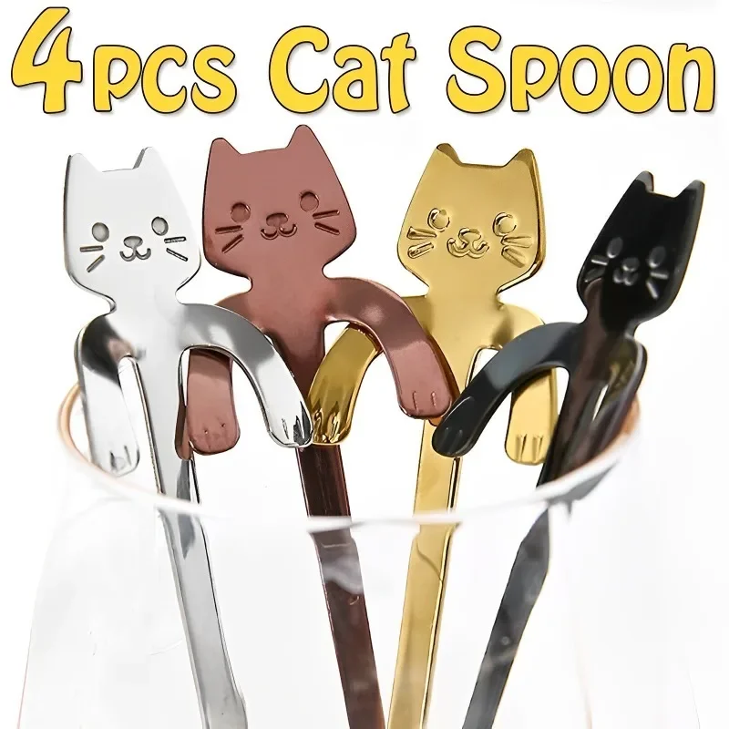 Coffee Spoons 4/1pcs Cute Cat Coffee Spoon Cartoon Stainless Steel Teaspoons Dessert Snack Scoops Ice Cream Spoons Tableware Kitchen Tools
