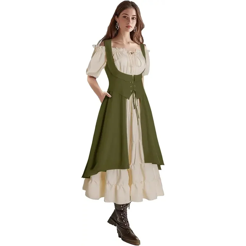 Costume da Donna Rinascimentale, Abito Medievale da Contadina, Vestito Sottoseno da Pirata/Fata con Tasche, Stile Vintage Vichingo Gotico NUOVO - immagine 2