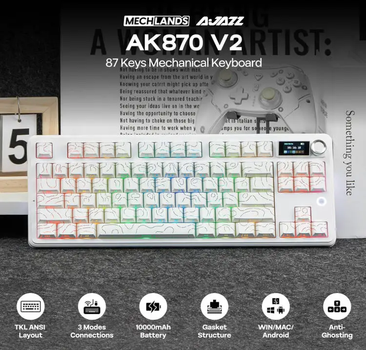 Klawiatura mechaniczna AJAZZ AK870 V2 TKL z uszczelnieniem, bezprzewodowa klawiatura gamingowa BT5.0/2.4GHz/USB-C z baterią 10000mAh, podświetlenie RGB.