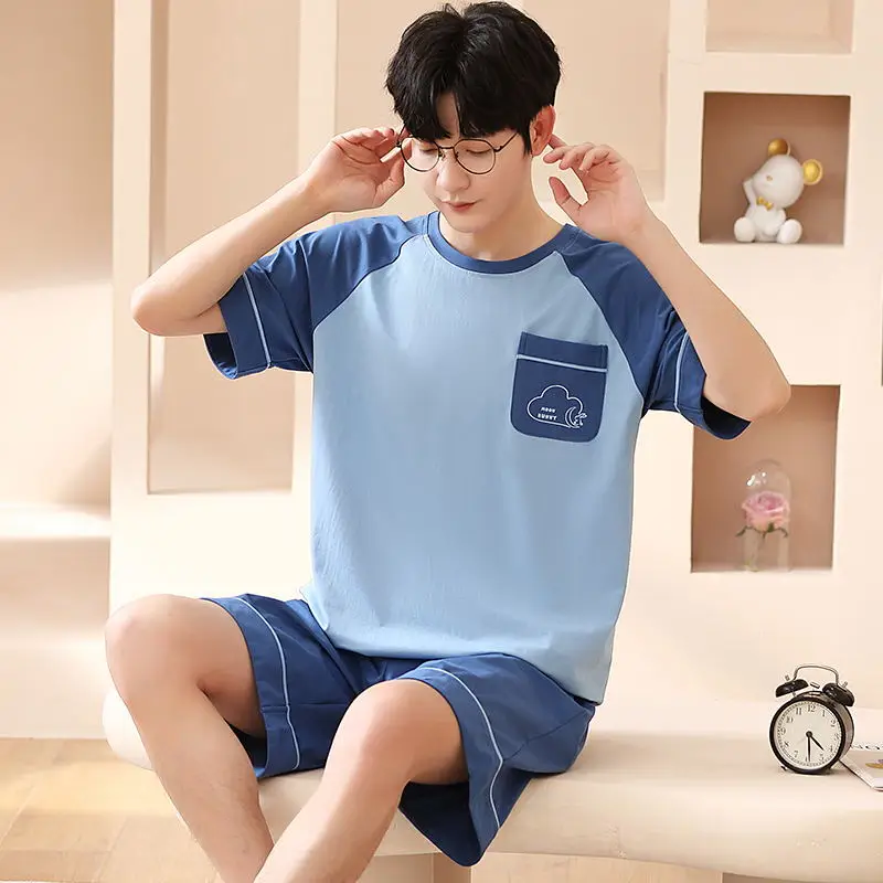 Mens Big Size Lounge Wear Fashion Cotton Pajamas Summer Short Pjs Set Printed Korean Fashion Homewear conjunto hombre Drop ship