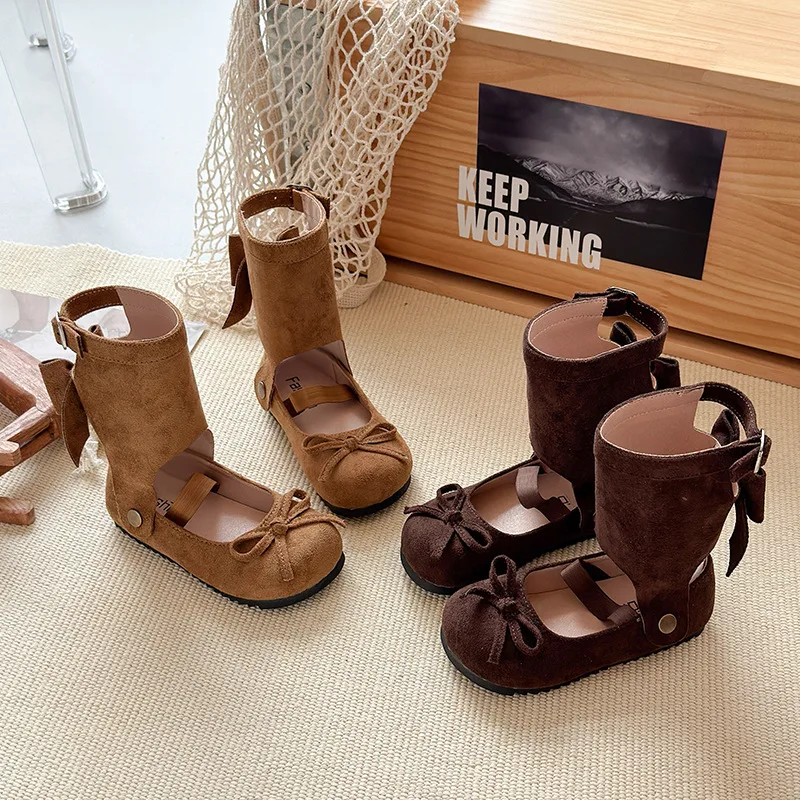 Girls Princess Boots Removable Sweet Kids Leather Boots with Simple Bows 2025 Autumn New Children Casual Fashion Boots Soft Sole