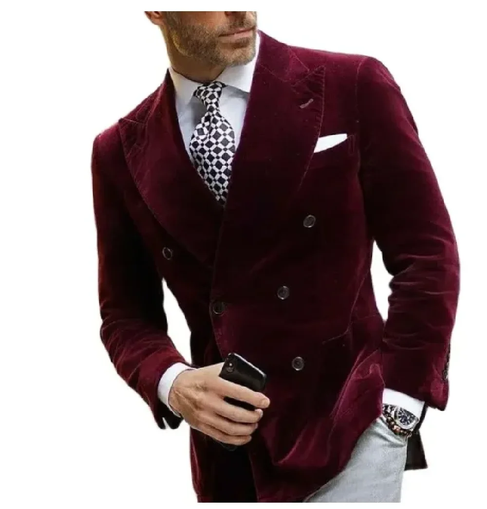 

Custom Burgundy Velvet Mens Suits Wedding Groomman Tuxedo Tailored Double Breasted Slim Fit Blazer One Jacket Trajes De Hombre