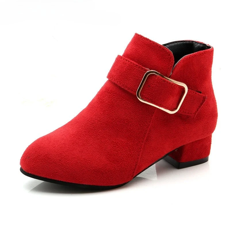 Girls Tide Boots Shoes Spring Autumn Flock Leather Children Boots Fashion Kids Warm Winter Shoe Botas High Heels Buckle