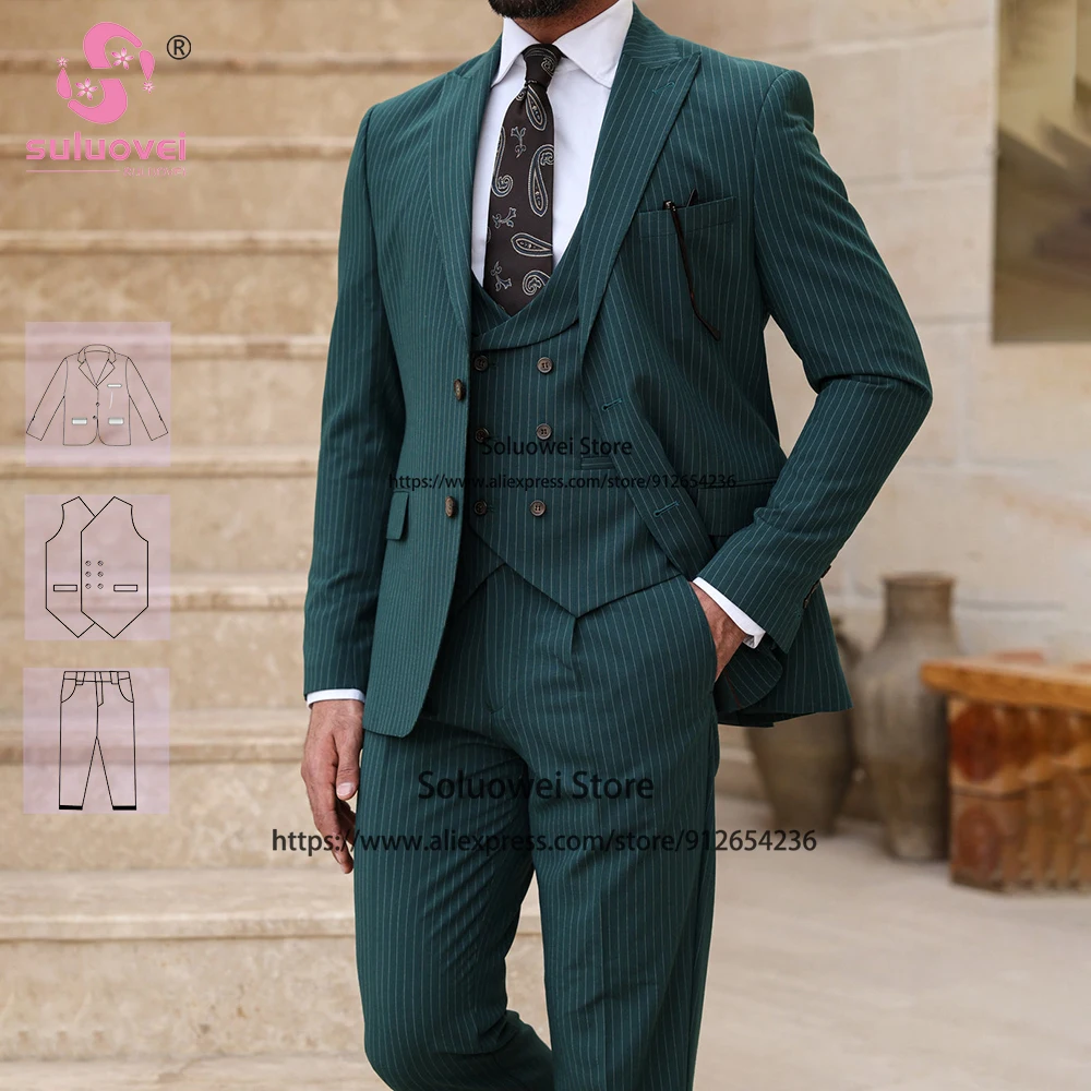 Fashion Teal Pinstripes Suits For Men Slim Fit 3 Piece Pants Set Prom Groom Wedding Peaked Lapel Tuxedo Terno Masculino Completo