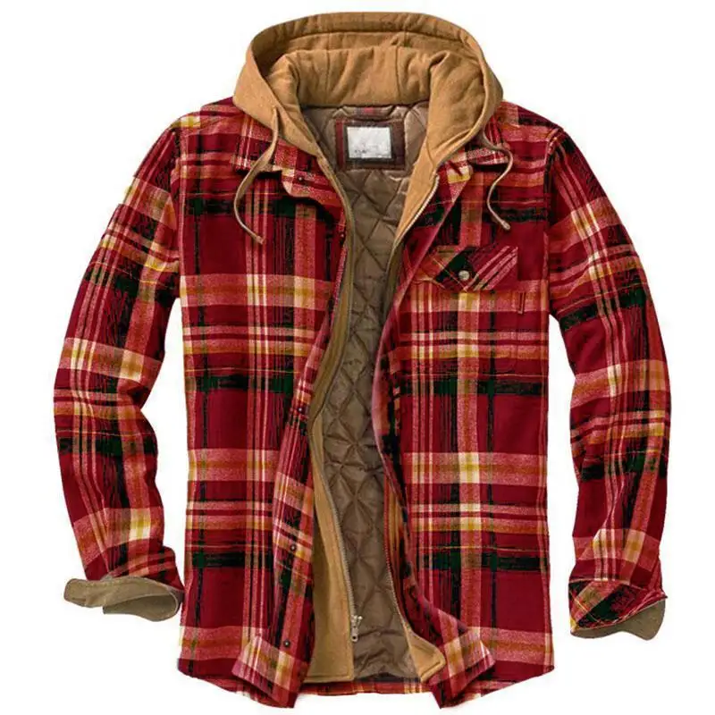 Men\'s Flannel Shirt Jacket with Removable Hood Plaid Quilted Lined Outdoor Winter Coats Thick Hoodie Outwear Man Fleece Shirts