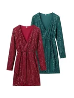 HH Woman Spring Fashion Long Sleeves Sequin Decoration Festival Atmosphere Pleated Dress Woman V-Neck The Waist Mini Dress
