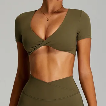 Sexy Sports Shirts Breathable Short Sleeves Workout Tops Fitness Female Backless Yoga Clothing Sport Crop Tops Women Gym Top 1