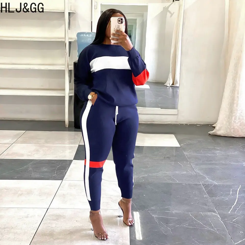 

HLJ&GG Casual Sporty Stripe Stitching Two Piece Sets Women Round Neck Pullover And Jogger Pants Tracksuits Female 2pcs Outfits