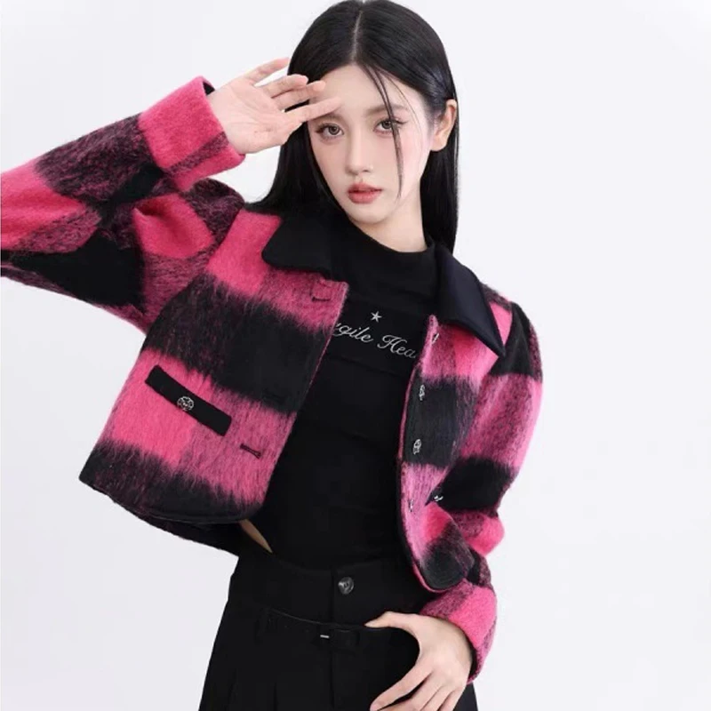 

2023 Autumn Winter New Fashion Women Full Sleeve Polo Collar Button Pockets Plaid Vintage Wool Manufacturing Coat