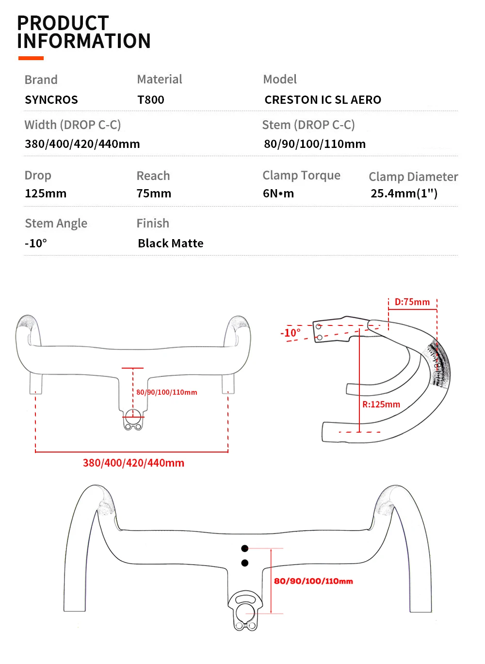 Guidon intégré SYNCROS Creston IC SL Aero 420 mm 110 mm Noir mat