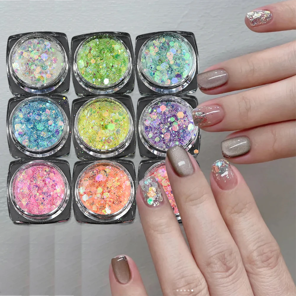 9 Box/Set Aurora Colorful Hexagon Nail Paillettes Chunky Holo Shiny Glitter Mixed Hexagon Rainbow Pigment Per Manicure Fai Da Te Decoracion