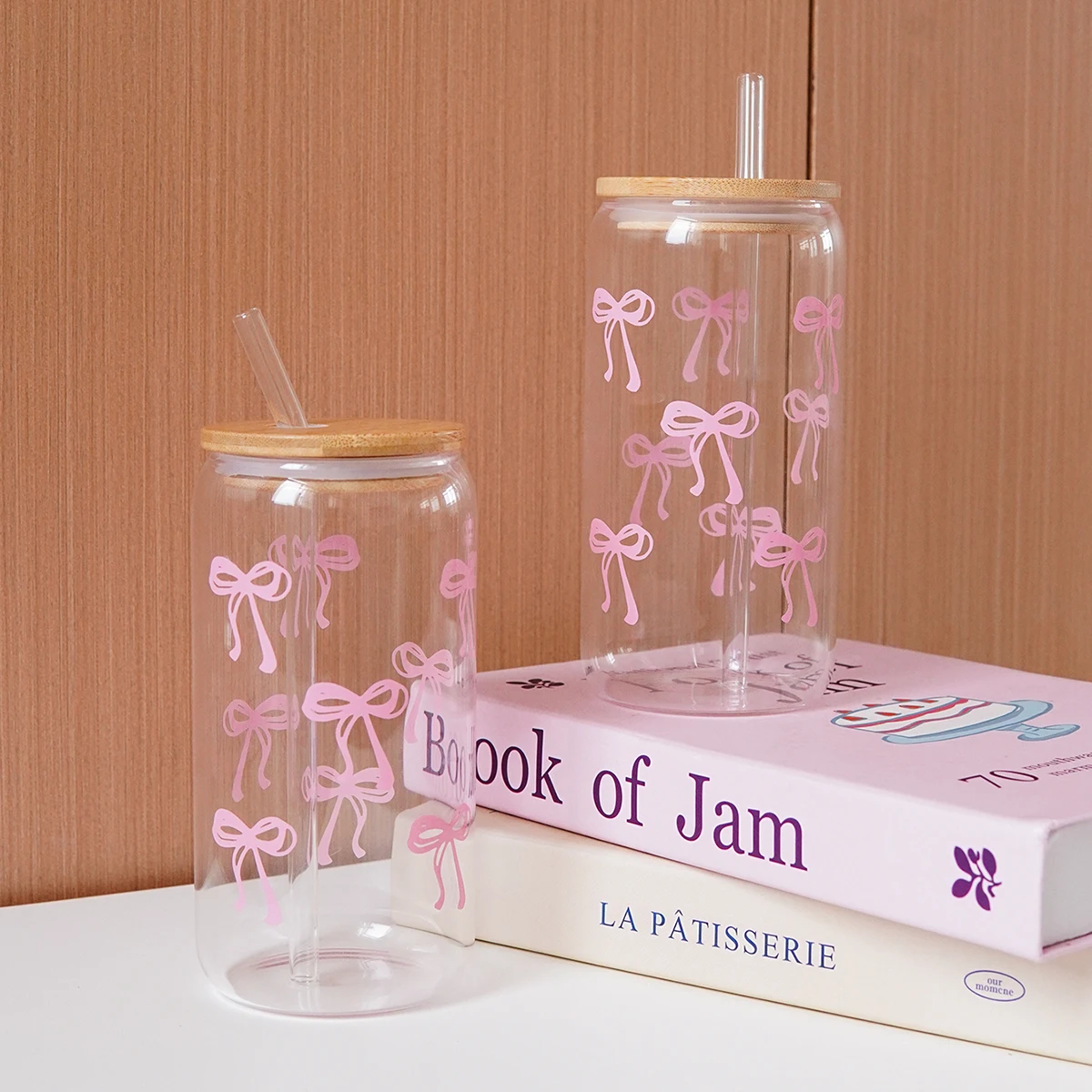 1/2/4/6Pcs Glass Bow Printed Glass Cup with Lid and Straw Exquisite High-End Bow Cup for Home Decoration Family Daily Drinking Cup Outdoor Picnic Cup Party Breakfast Milk Gift Giving