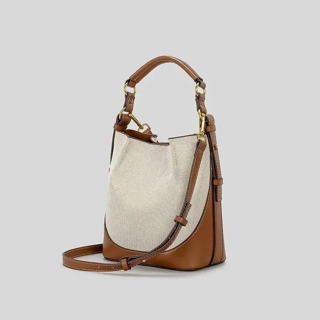 Fashion Panelled Canvas Bucket Bag Designer Women Handbags Luxury Pu Leather Shoulder Crossbody Bags with Wide Strap Tote Purses 2