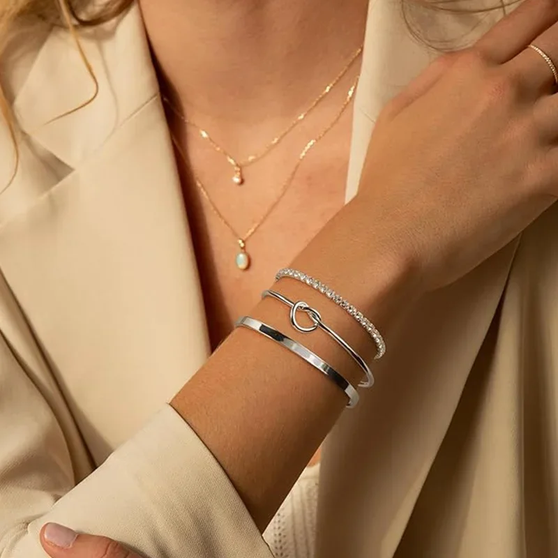 3pcs Stainless Steel Stack Cuff Bracelets for Women 14K