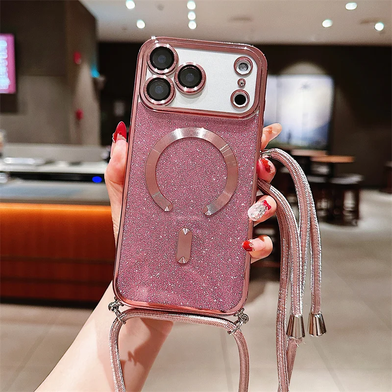 Sparkling Crossbody Lanyard Magnetic Phone Case with Electroplated Soft TPU Back Cover