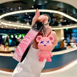 Durable 3 - Button TPU Car Remote Key Fob Cover with Case Holder Protector (Pink bear keychain)