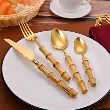 Nuovo set di posate con manico in bambù Set di stoviglie in bambù naturale in acciaio inossidabile Set di posate coltello forchetta cucchiaio Set di stoviglie in bambù 1