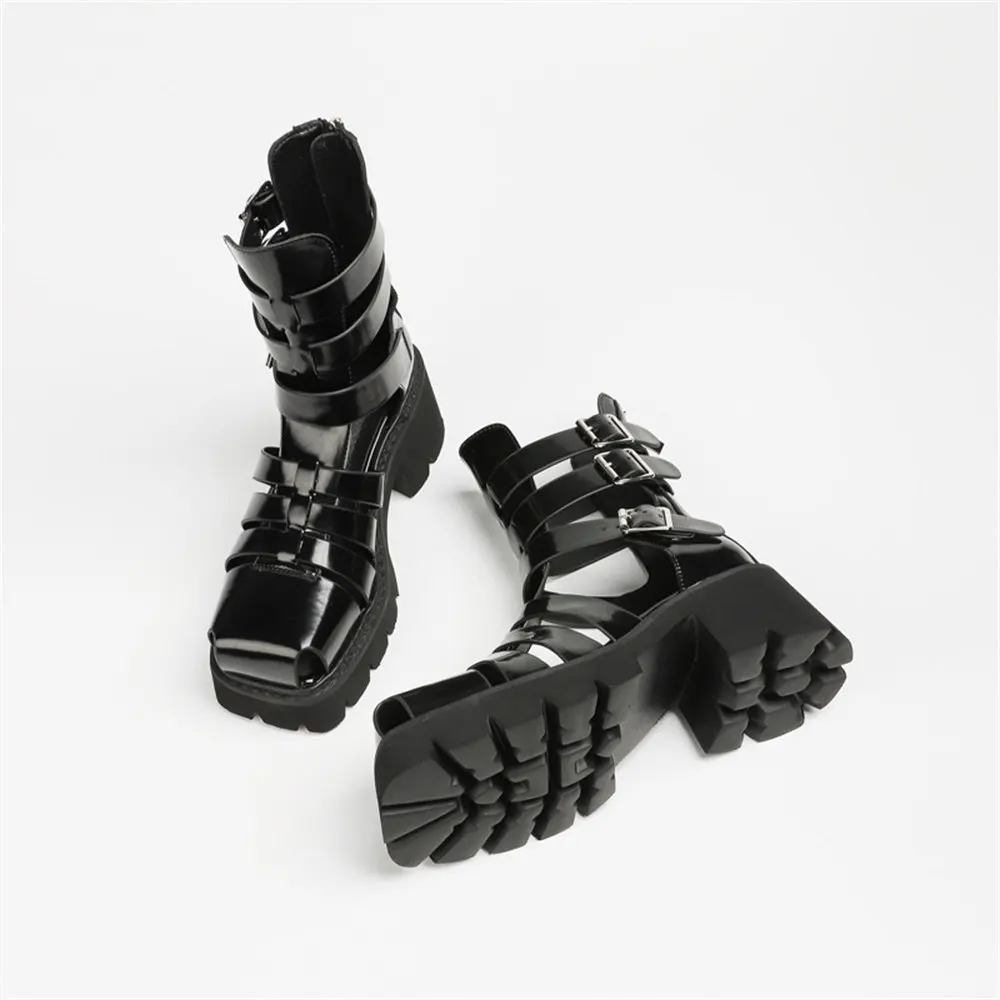 Damen Gladiator Sandalen Mit Blockabsatz Schwarze Sommerschuhe_voghion.com