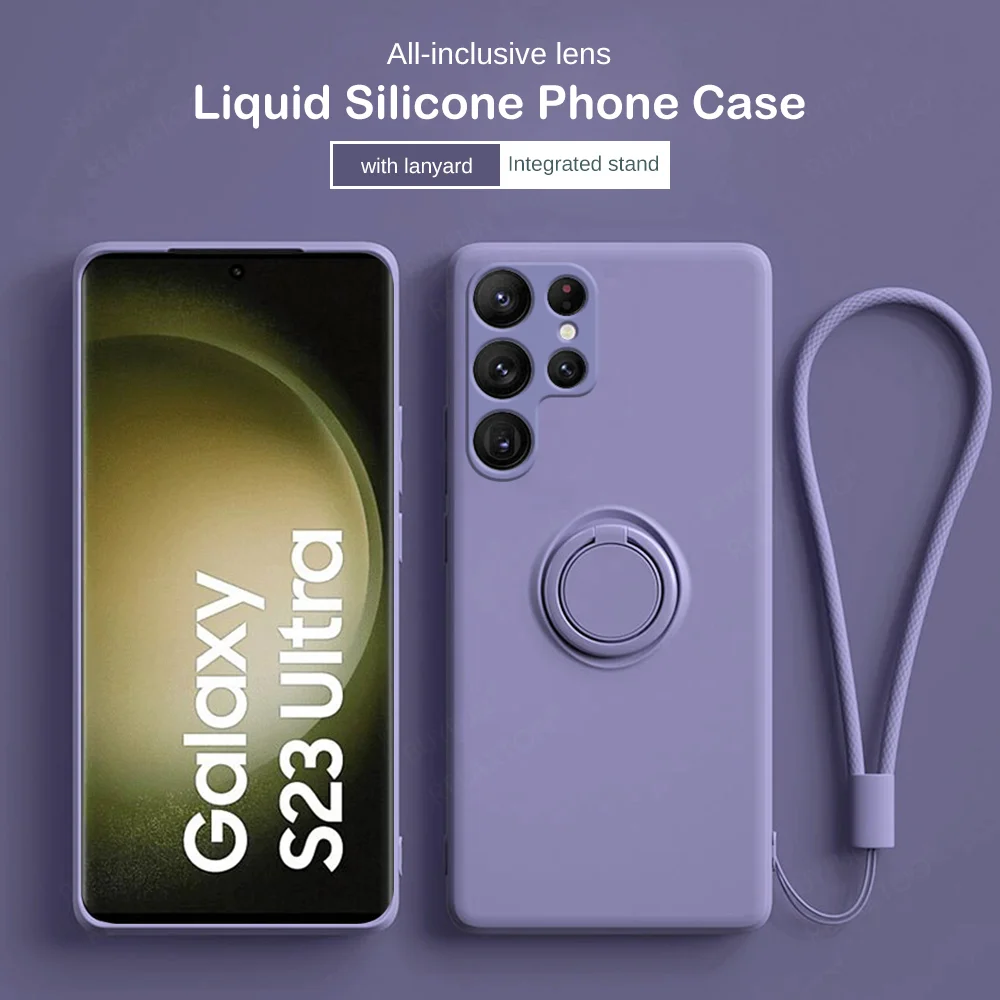 S23Ultra Custodia Morbida In Silicone Liquido Per Samsung Galaxy S 23 S23 Ultra Plus Magnet Holder Ring Coque Antiurto Con Cordino