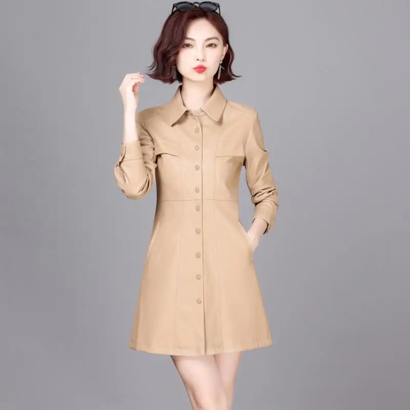 

Кожаное пальто 3XL, новинка весны 2023, женская кожаная куртка, длинная приталенная Осенняя мотоциклетная Женская одежда из искусственной кожи, черная OAIRED