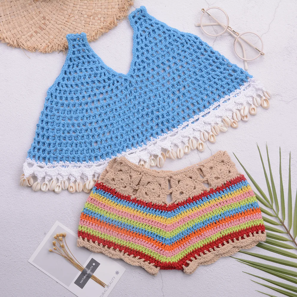 Hot Sale Fashion Hand-woven Beach Kids Small Tank Tank Swimsuit Set Colorful Shorts Split Swimsuit