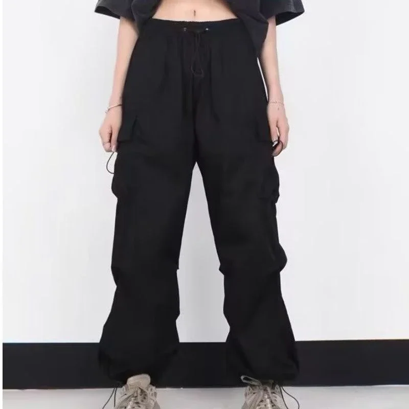 Women Y2K Cargo Pants Casual Harajuku Low Waist Drawstring Sweatpant Solid Drawstring Parachute Trousers Oversized Pants Jogger