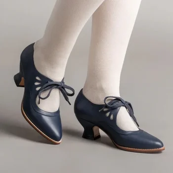 PU 하이힐 펌프, 포인트 토 신발, 캐주얼 레이스업 용수철, 가을 클래식, 할로우 솔리드 펌프, 타콘 알토, 2023 패션