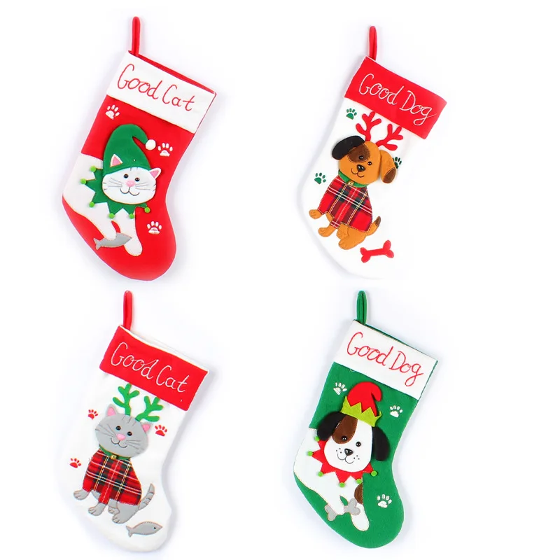 Cute Dogs and Cats Cartoon Christmas Stockings Pendant Christmas Tree Gift Bag Decorative Socks christmas decorations