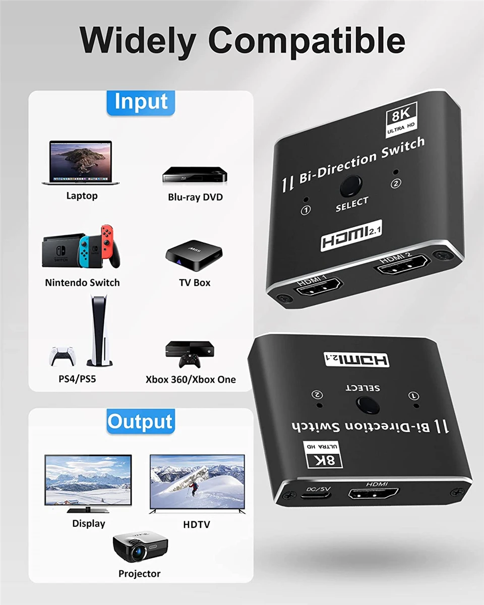8K 60Hz Switch HDMI-compatible 2 Ports 4K 120Hz HD Bi-Direction Switcher 1x2 2x1