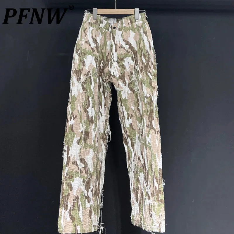 

PFNW Men's Pants Camouflage Denim Heavy Industry Raw Edge Thread Head Straight Stacked Hem Camping Motorcycle Trousers 21Z2230