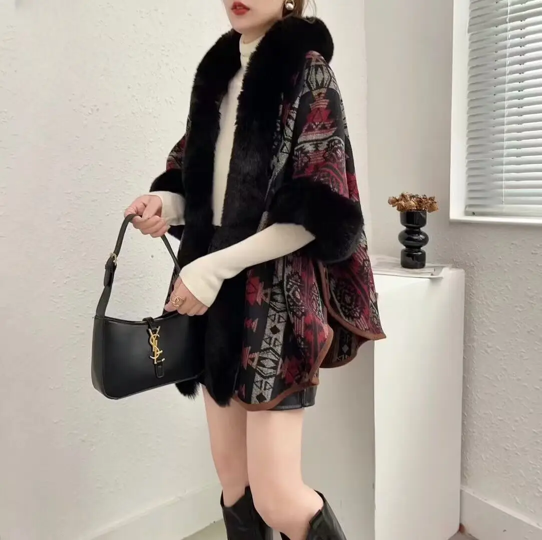 2 Style Faux Fox Fur Collar Warm Winter Shawl Cappa Velvet Cardigan Women New Batwing Sleeves Thick Slim Poncho Coat With Hat