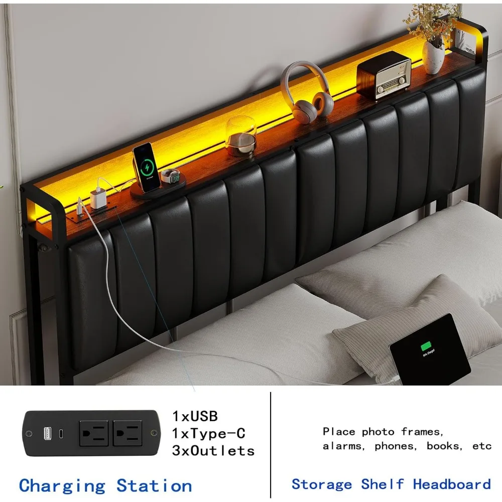 LED Cal King Size Upholstered Headboard with Charging Station, Cal King Storage Headboard Height Adjustable, Black PU Upholstery
