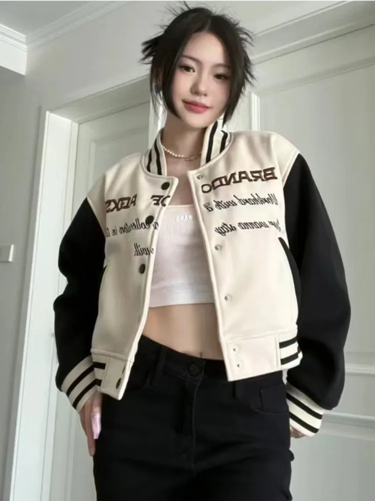 

Deeptown American Retro Letter Printed Crop Jacket Women Streetwear Vintage Hip Hop Varsity Jackets Casual Y2k High Street Coats