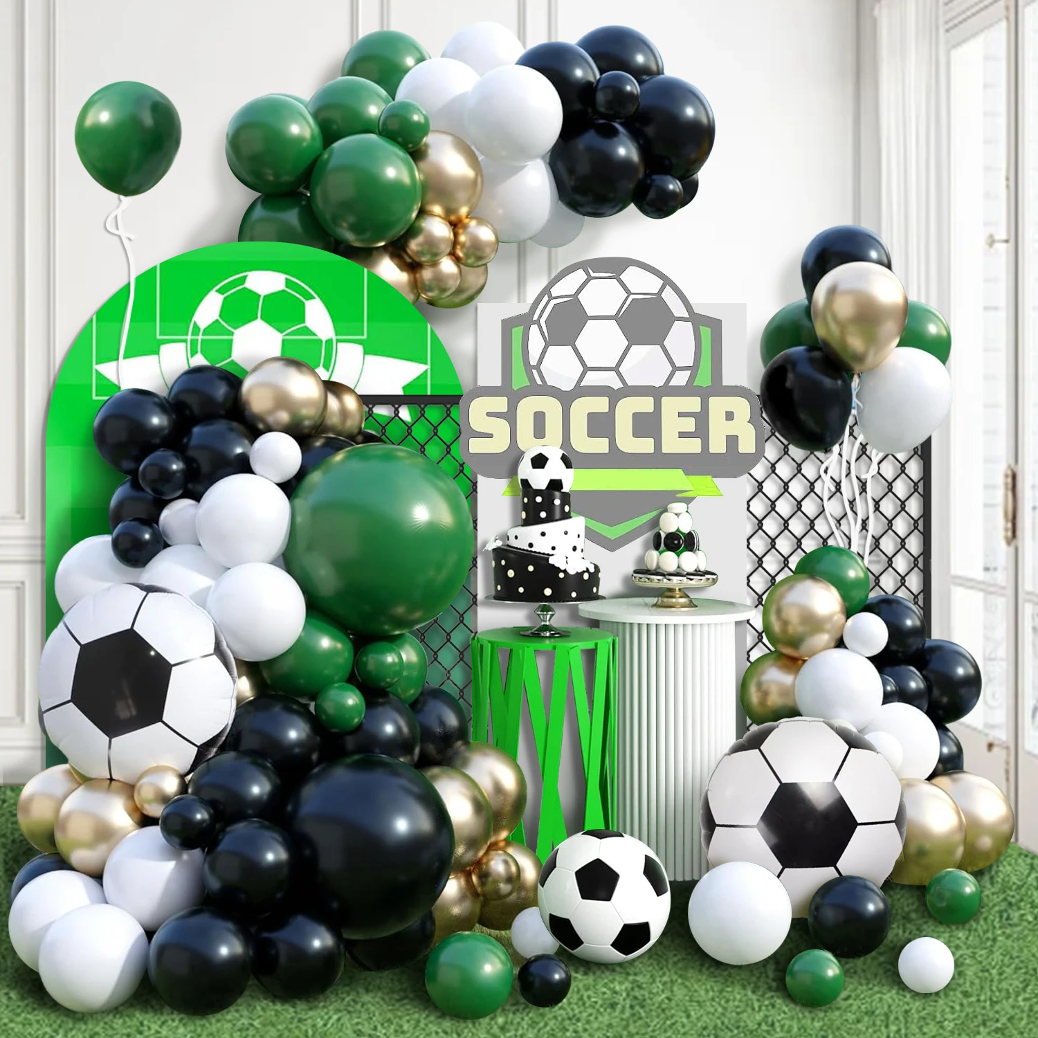 106 grüne und schwarze Ballonbogen-Sets im Sport-Fußball-Design, grüne, schwarze, weiße und goldene Ballons, Fußball-Folienballons, geeignet für Herren-Sport-Fußball-Geburtstagsfeiern.