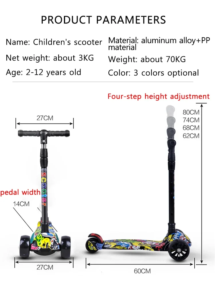 Scooter Accessories Infoldable children's one-pedal three-wheel Kick scooter with wheel glitter and folding Kickboard suitable for aged 2-12