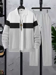 Men's Luxury Zipper Outerwear Set - Stylish Long Sleeve Top & Pants - XXXL (Gray)