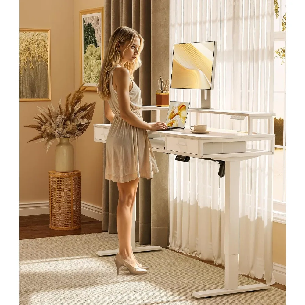 Electric Standing Desk with Drawers & Keyboard Tray, 55 Inch Height Adjustable Desk with Power Outlets & LED Lights, Sit Stand T 2