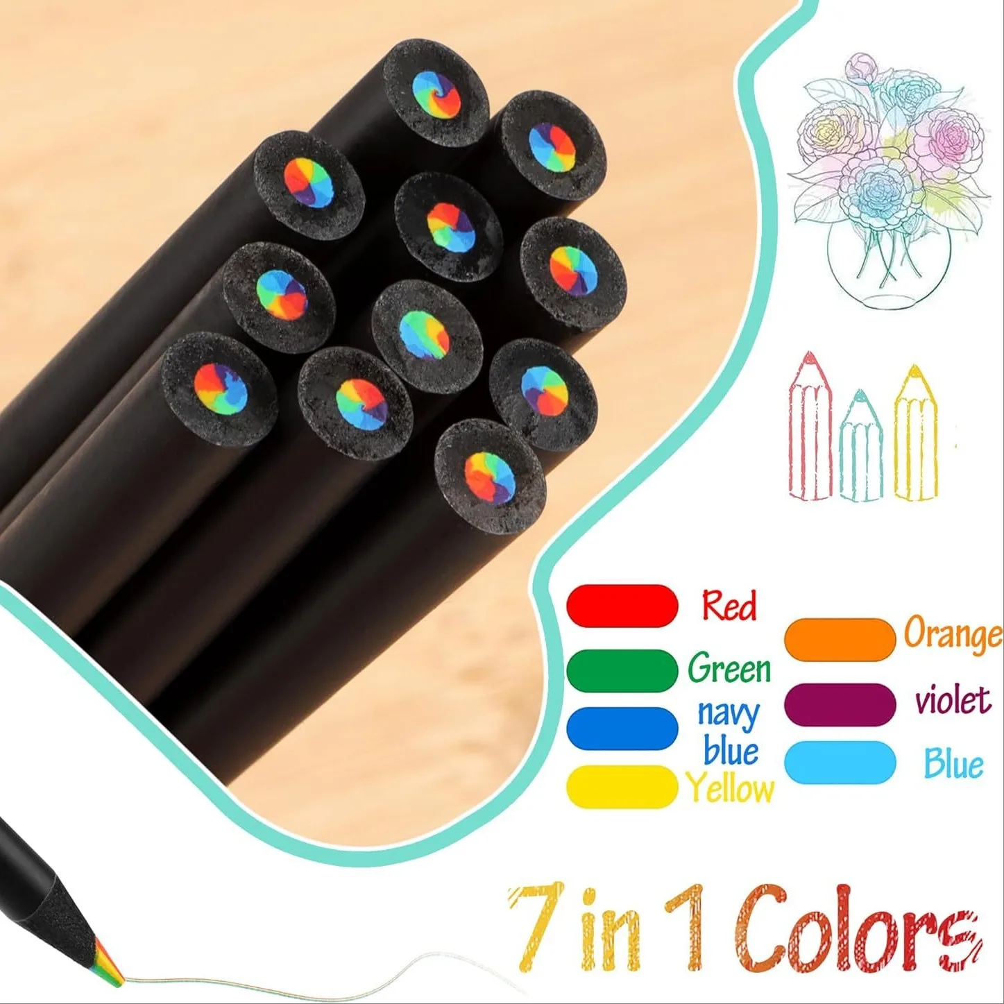 أقلام رصاص خشبية ملونة سوداء نابضة بالحياة - 10 قط...