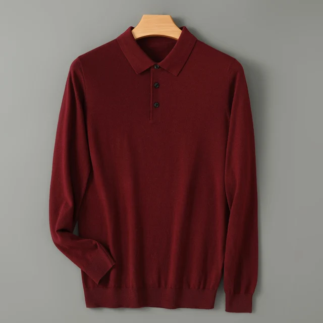 Maglione da uomo in lana merino con colletto polo Pullover Autunno Inverno Nuova maglieria in cashmere Camicie da uomo allentate casual Top caldo morbido 3