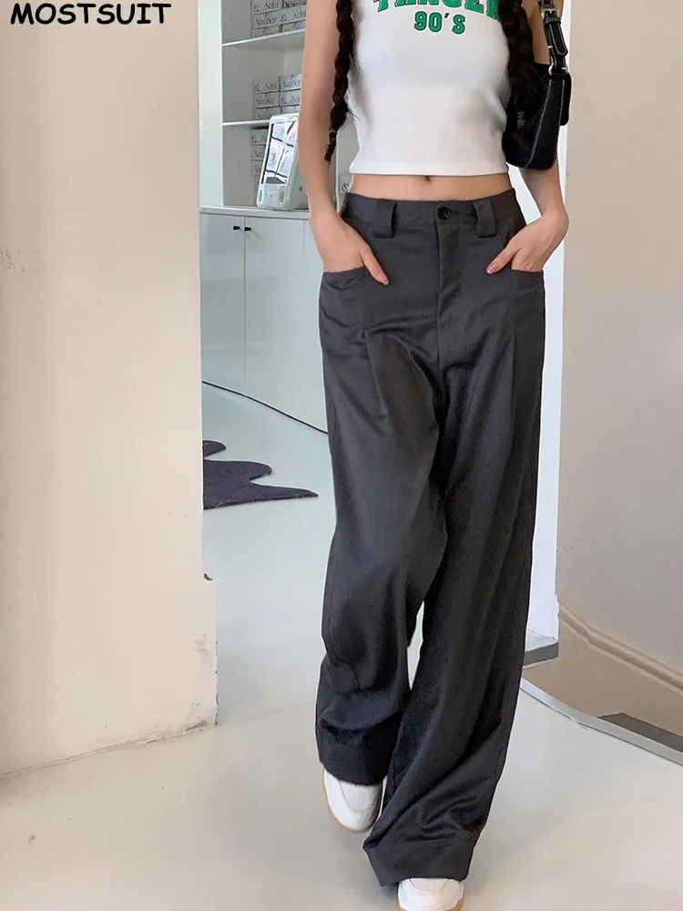 Брюки женские серые с широкими штанинами, модные однотонные свободные длинные брюки с завышенной талией, рабочая одежда, 2024